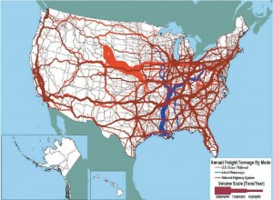 Figure 2-5. Tonnage on U.S. highways, railroads, and inland waterways (U.S. Department of Transportation FHWA FM&O 2007).