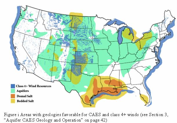 Areas with class 4+ wind and possible CAES locations. Succar. 2008. Compressed Air Energy Storage: Theory, Resources, And Applications For Wind Power. Princeton University. 